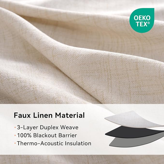 100% Blackout Linen Textured Curtains 72 Inch Long, Oatmeal | 100% Blackout - Image 4