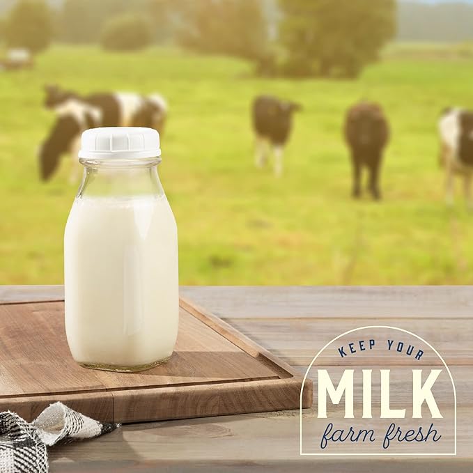 kitchentoolz 12 Oz Square Glass Milk Jugs with Caps - Perfect Milk Container for Refrigerator - 12 Ounce Glass Milk Bottle with Tamper Proof Lid and Pour Spout - Pack of 2