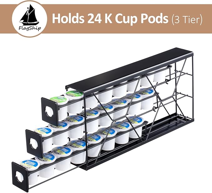 Flagship K Cup Holder Drawer 3 Tier Coffee Pod Holder for K Pod Save Space Countertop Kitchen (24 Pods Capacity)