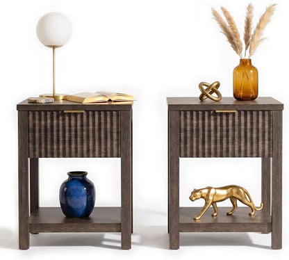 Fluted Night Stand with Golden Handle, Bedside Table with Storage Shelf by TROJMHome