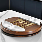 Shanik Upgraded Lazy Susan Cheese Cutting Board Set - Round Acacia Charcuterie Board With 4 Ceramic Bowls - Wedding Gifts - Cheese Serving Platter - Bridal Shower