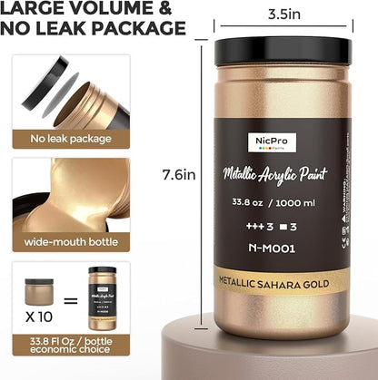 Nicpro Metallic Sahara Gold Acrylic Paint 33.8oz/1000ml, Non Toxic Non Fading - Image 5
