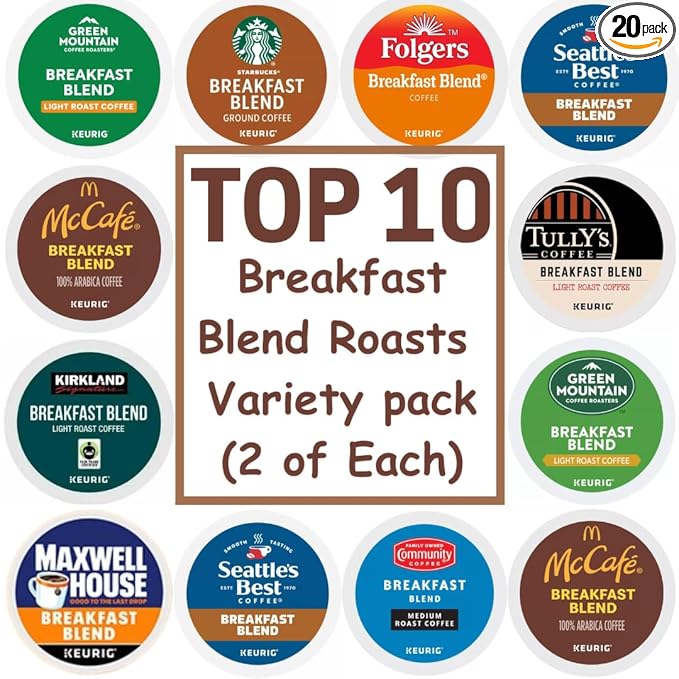 Breakfast Blend K-Cup Coffee Variety Pack, Top 10 Brands, Light & Medium Roast, 20 Count,