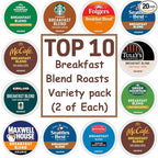 Breakfast Blend K-Cup Coffee Variety Pack, Top 10 Brands, Light & Medium Roast, 20 Count,