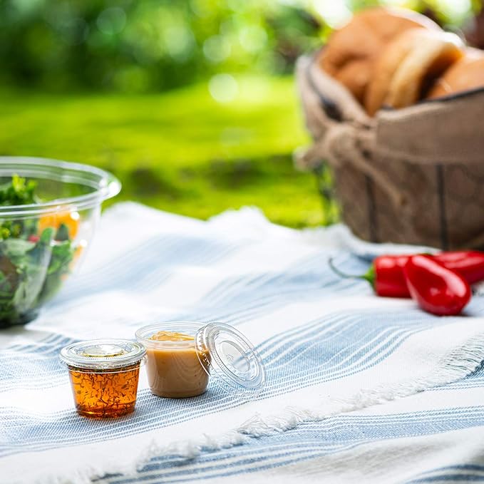 Portion Cups with Lids (1 Ounces, 100 Pack) | Disposable Plastic Cups for Meal Prep, Portion Control, Salad Dressing, & Medicine | Small Plastic Condiment Container