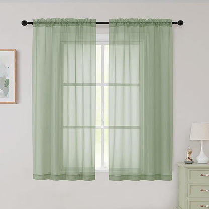 Sheer Sage Green Curtains for Bedroom Living Room 54 Inch Length 2 Panels Set by WelvetBLK