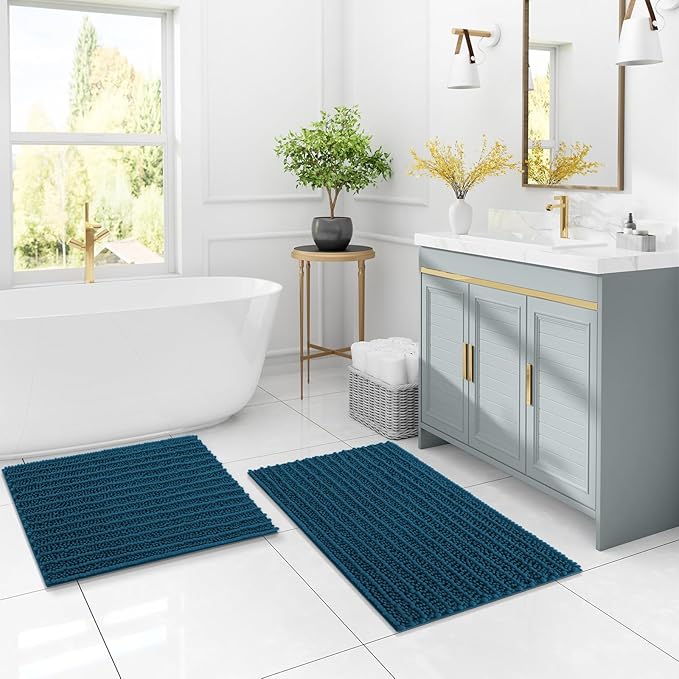 Arotive Luxury Chenille Bathroom Rug Mat, Extra Soft Thick Absorbent Shaggy Bath Rugs, Non-Slip Machine Wash Dry, Plush Bath Mats for Bathroom, Shower and Tub, 44x32, Peacock Blue
