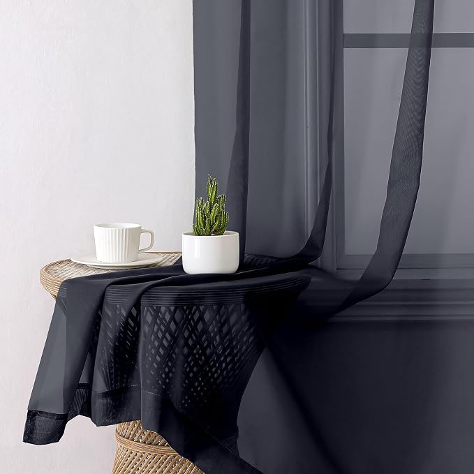 Black Sheer Curtains 78 Inches Long 2 Panels Set, Privacy Voile Light Filtering - Image 7