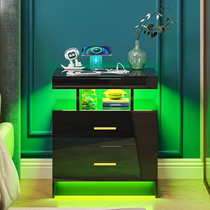 WOOVIVS Night Stand with Light, High Gloss Nightstand with USB/Wireless - Image 8