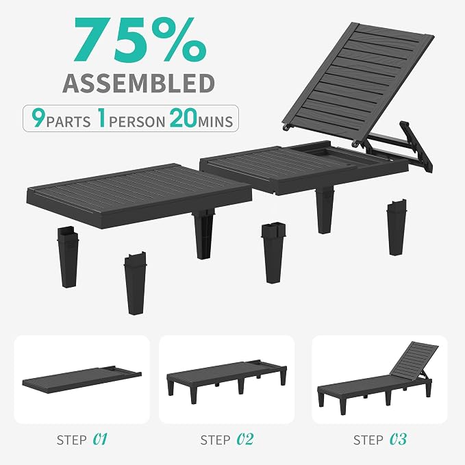 Outdoor Chaise Lounge Chairs Set of 4, 5-Position Adjustable Tanning Lounge - Image 7
