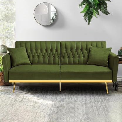 70” Velvet Futon Sofa Bed w/Adjustable Armrests & 2 Pillows, Convertible Futon - Image 6