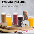 20oz Ribbed Glass Cups with Lids and Straws 2 Set, Vintage Glassware for Whiskey Cocktail Beer, Glass Tumbler, Iced Coffee Cups For Cold Drinks, Smoothie, Juice,Drinking (2)