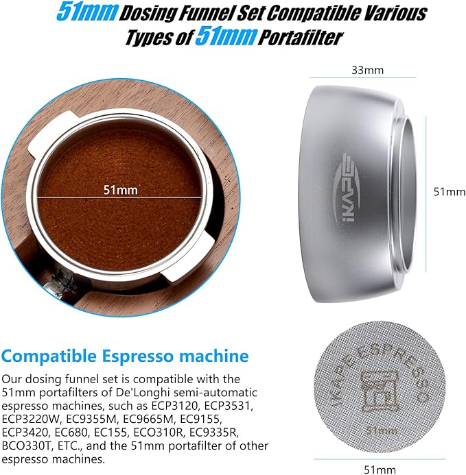IKAPE Magnetic Dosing Funnel Set, 51MM Espresso Dosing Ring & Puck Screen Kit Compatible with Delonghi 51MM Bottomless Portafilter - with 8 Small Magnet (Silver)