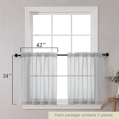 Kitchen Curtains 24 Inch Length Tier 2 Pieces, Light Grey Sheer Curtain Solid - Image 2