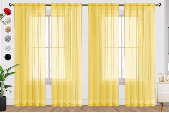 SpaceDresser Yellow Sheer Curtains 4 Panels Rod Pocket Semi-Sheer Curtain 45 by SpaceDresser