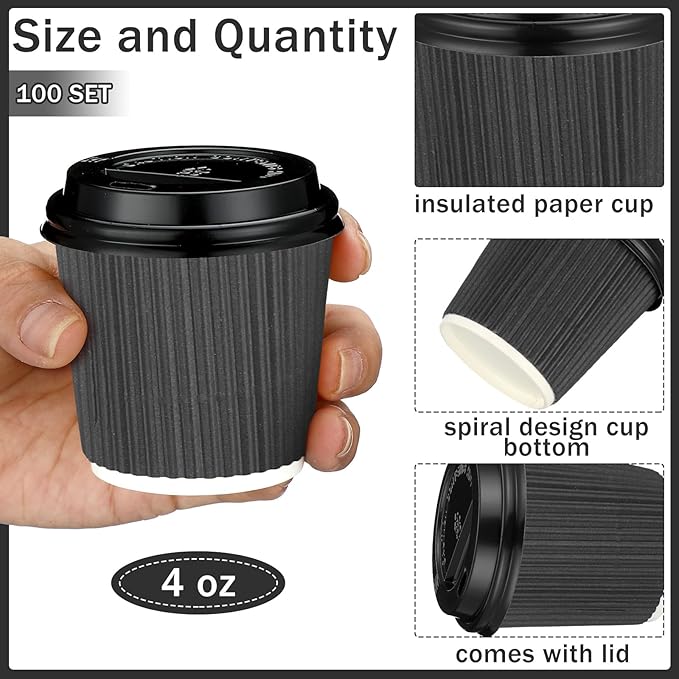 Uiifan 100 Set 4oz Disposable Espresso Cups with Lids Ripple Corrugated Paper Disposable Coffee Insulated Hot Ripple Cups for hot Chocolate, Tea, and Cocoa Drinks(Gray)