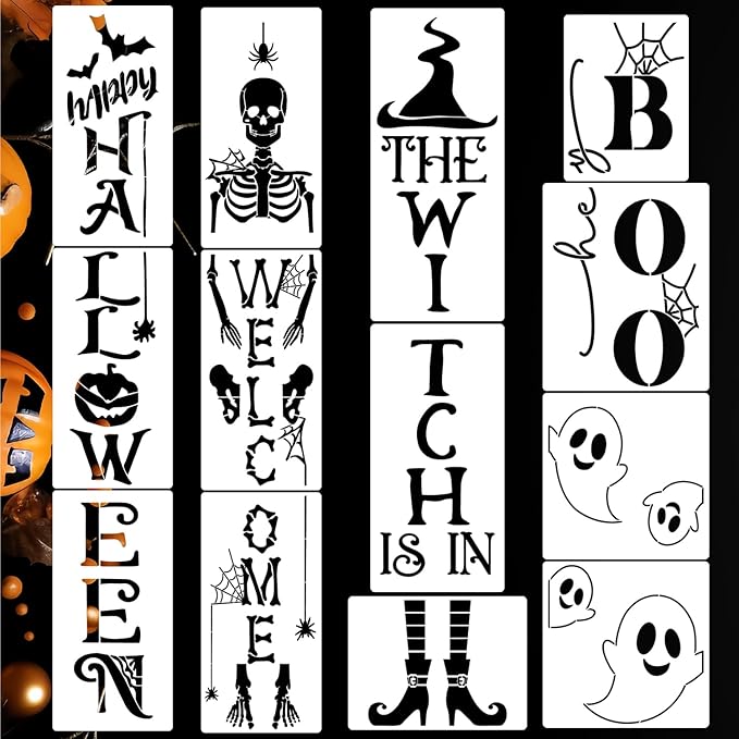 Halloween Stencils for Porch Sign Large Skeleton Boo Stencils Witch Ghost Drawing Templates for Porch Wood Sign Decor