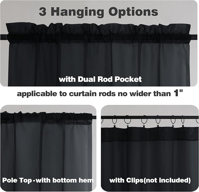 Chyhomenyc Black Sheer Tier Curtains 24 Inch Length, Small Window Curtains - Image 3