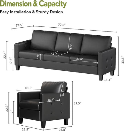 STHOUYN Black Faux Leather 3 Seater Sofa and Accent Chair Set of 2, Modern - Image 2