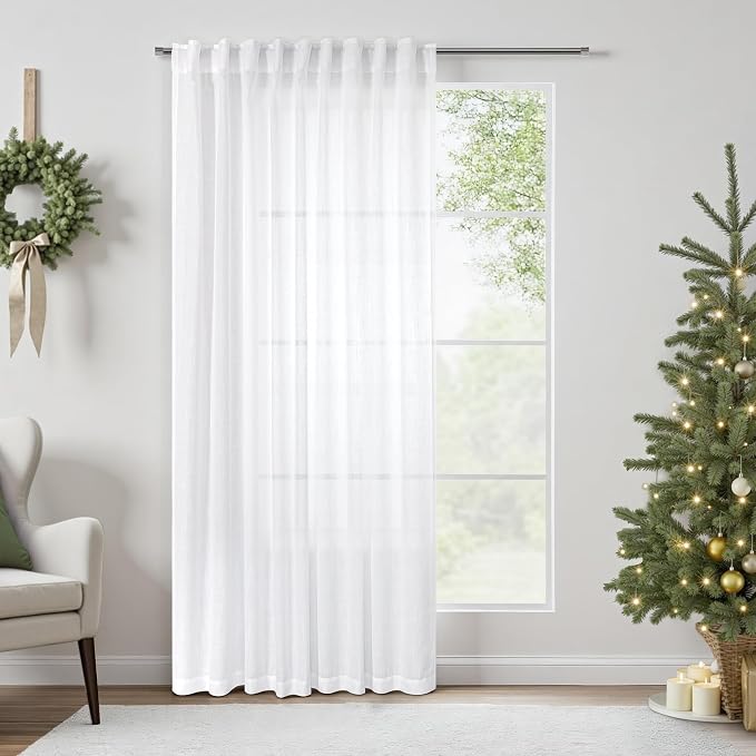 White Curtains 60 Inch Wide for Living Room Extra Large Linen Drapes Semi Sheer by Pitalk