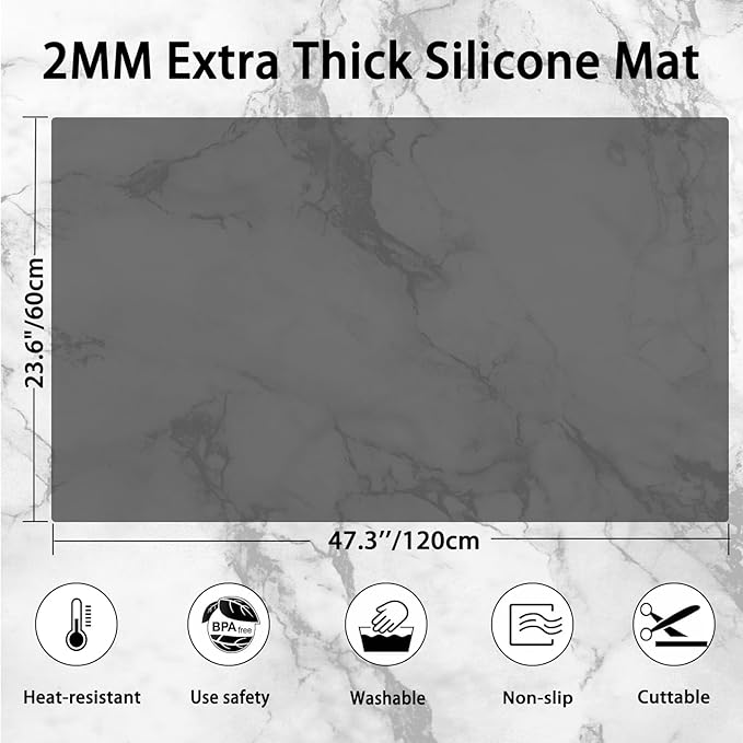 Silicone Mats for Kitchen Counter, 47.3"x23.6"(120cmx60cm) Large Heat Resistant Mat Kitchen Island Waterproof 2MM Thick Countertop Protector Mat Nons-slip Extra Large Counter Mat, Translucent Black