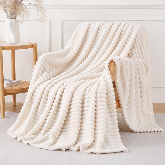 Cream White Throw Blanket for Couch Sofa 60x80 inches Striped Design | Fleece - Image 4