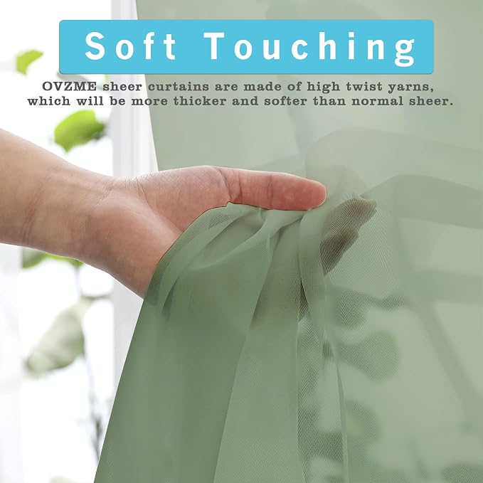 2 Panels Sheer Sage Green Curtains 54 Inches Length Window Treatment - Image 3