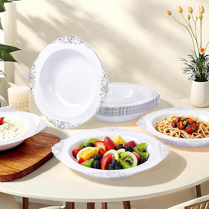 100PCS Silver Plastic Bowls - 12 oz Silver Disposable Salad Bowls - Heavy Duty Disposable Soup Bowl - Fancy Plastic Ice Cream Bowl for Weddings Parties Dinners Picnics