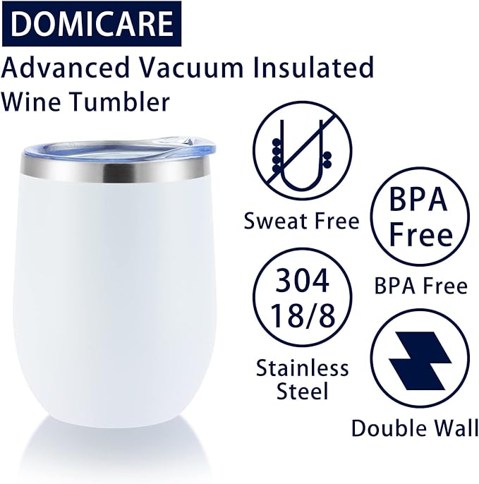 DOMICARE Stainless Steel Wine Tumbler Bulk with Lid, Personalized White Insulated Tumblers Set, 12oz Travel Coffee Cups Pack of 12