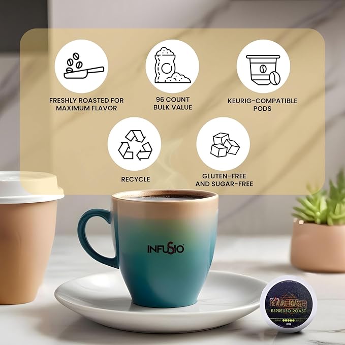 InfuSio Coffee Pods – 96 Count, Espresso Roast (Dark Roast Coffee) Single Serve Coffee Pods for Keurig K Cup® Brewers, Compatible with Keurig 2.0 Brewers