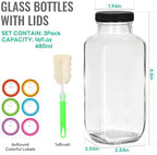 16 oz Glass Juice Bottles with Lids 3 Pack, Reusable Glass Drink Bottles,500ml Water Drinking Bottle for Milk,Juicing,Kombucha,Ginger,Beverage Glassware,Juice Drinking Jars