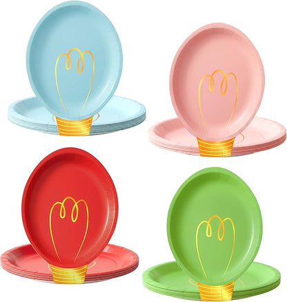 OuMuaMua 100Pcs Christmas Paper Plates Disposable, Heavy Duty Christmas Light Bulb Design Party Supplies Serve 50, Fancy Disposable Dinnerware Set with Gold Foil for Holiday Home Xmas Party Decor