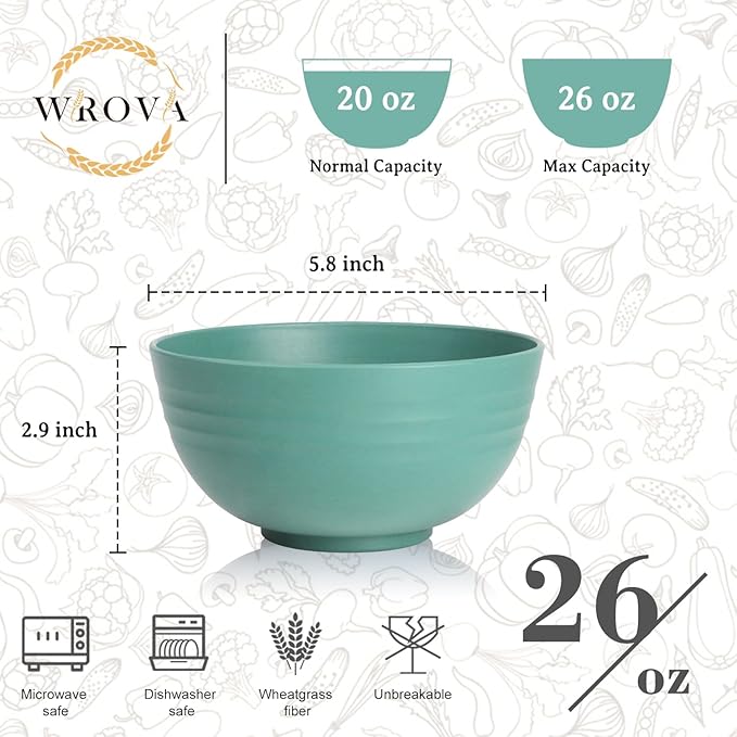 6-piece Wheat Straw Bowls sets 26oz,Alternative Plastic Bowls Reusable for indoors and outdoors,Microwave-able and Dishwasher Safe Bowls Sets Easy to Clean.Green Series