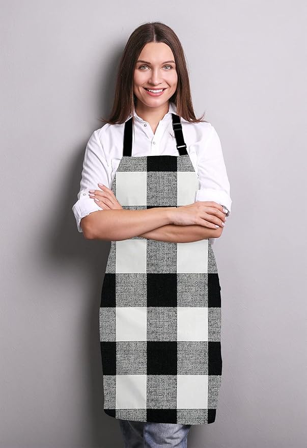 Black and White Buffalo Plaids Bib Apron with Adjustable Neck for Men Women,Suitable for Home Kitchen Cooking Waitress Chef Grill Bistro Baking BBQ Cobbler Apron
