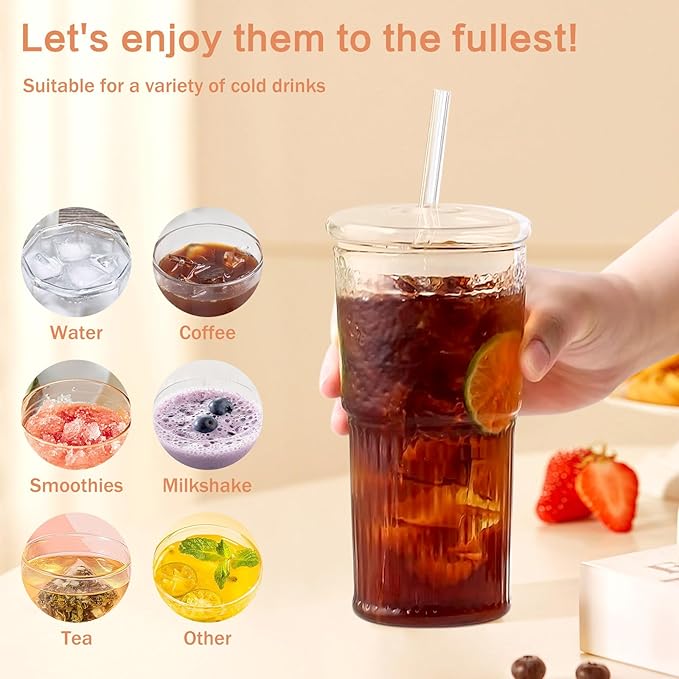 GOSCHE 20oz Glass Cups with Straws and Lids, Drinking Jar 2 Packs, Iced Coffee Cups Glass Tumblers for Water Smoothie Milkshake, Iridescent