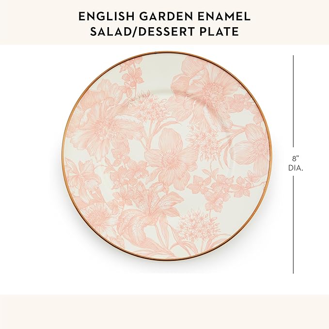 MACKENZIE-CHILDS Enamel Salad and Dessert Plate, Small Plate for Appetizers or Desserts, 8 Inches, Pink-and-White Rosy English Garden