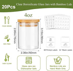 4oz Glass Spice Jars with Bamboo Lids, 20 Pack Clear Borosilicate Glass Food Storage Containers with Wooden Airtight Lids, Cylinder Glass Bottles with Lids for Kitchen Spice Sugar Salt Coffee Tea