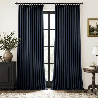 MIULEE Navy Blue Pinch Pleated 100% Blackout Linen Curtains 40x102 Inches | by MIULEE