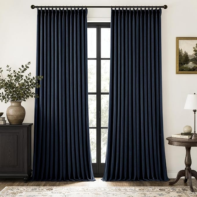 MIULEE Navy Blue Pinch Pleated 100% Blackout Linen Curtains 40x90 Inches | Room by MIULEE