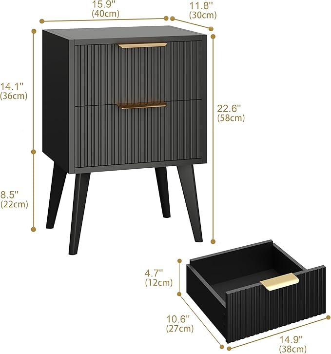 YAUKOMEL Small Black Night Stand, Mid Century Modern Bedside Table, Nightstand - Image 3