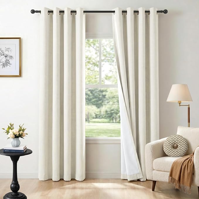100% Blackout Linen Textured Curtains 90 Inch Long, Light Blocking, Thermal by 100BlackoutShield