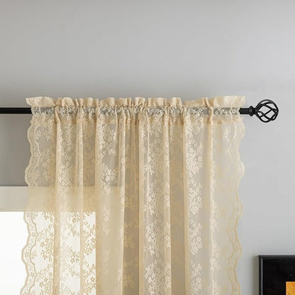 YJ YANJUN Vintage Lace Curtains 96 Inches Long-Victorian Floral Beige Sheer - Image 3