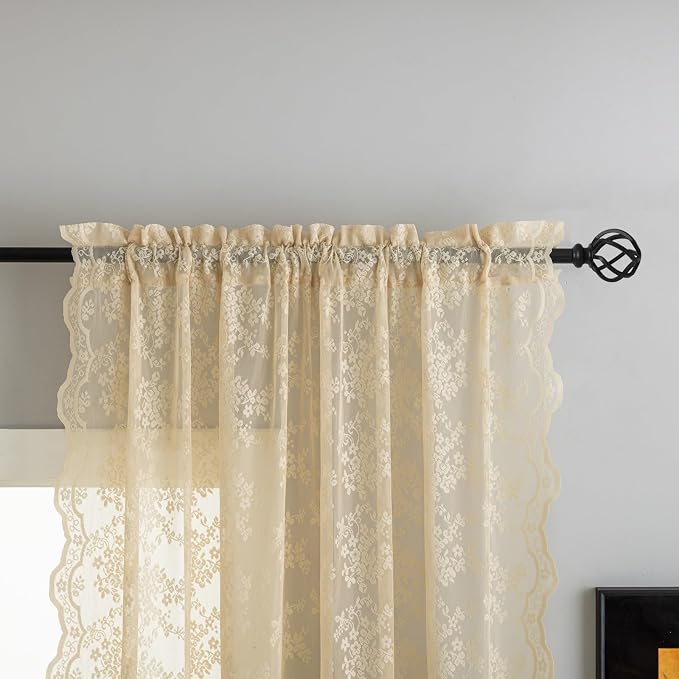 YJ YANJUN Vintage Lace Curtains 63 Inch Length Antique Chic Floral Beige Sheer - Image 3