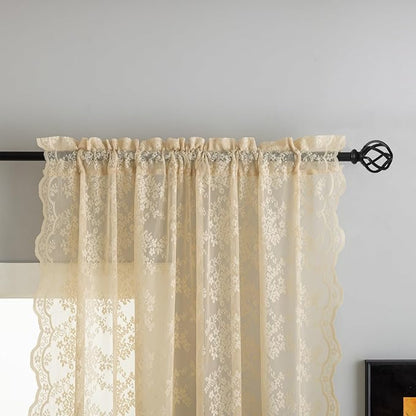 YJ YANJUN Vintage Lace Curtains 72 Inches Long-Victorian Flower Beige Voile - Image 2