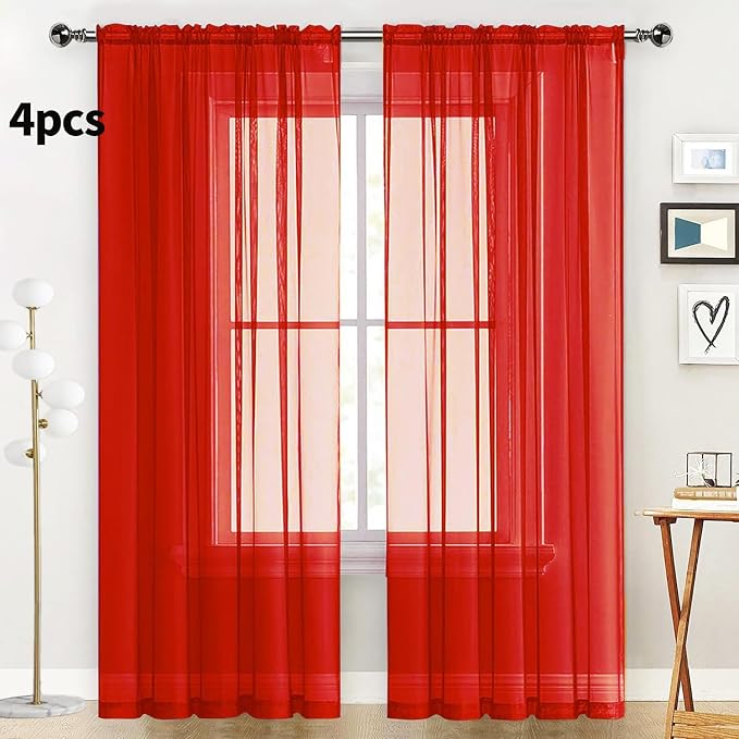 SpaceDresser Sheer Red Curtains 4 Panels Rod Pocket Semi-Sheer Curtain 108 - Image 2