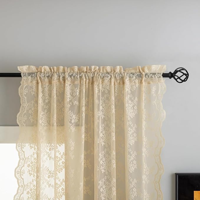 YJ YANJUN Vintage Lace Curtains 132 Inches Long-Victorian Floral Fancy Beige - Image 3