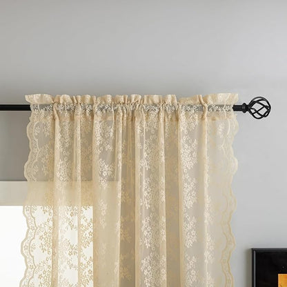 YJ YANJUN Vintage Lace Curtains 102 Inch Long-Victorian Floral Pattern Beige - Image 3