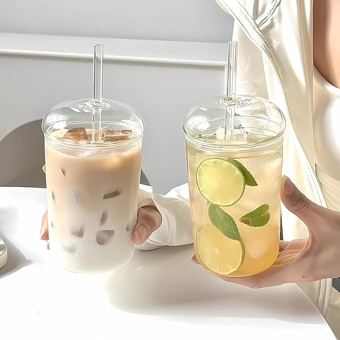 16oz Glass Cup with Glass Lid & Straw - Drinking Glasses for Iced Coffee, Bubble Tea, Matcha, Smoothie, Soda, Water - BPA-Free Glassware with Cleaning Brush, Dishwasher Safe