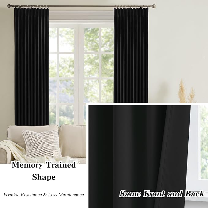 72 Inch Wide Black Pinch Pleated Curtains 72 x 90, Thermal Insulated Noise - Image 6