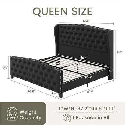 LARMACE Queen Size Bed Frame Velvet Upholstered Platform Bed - Image 2